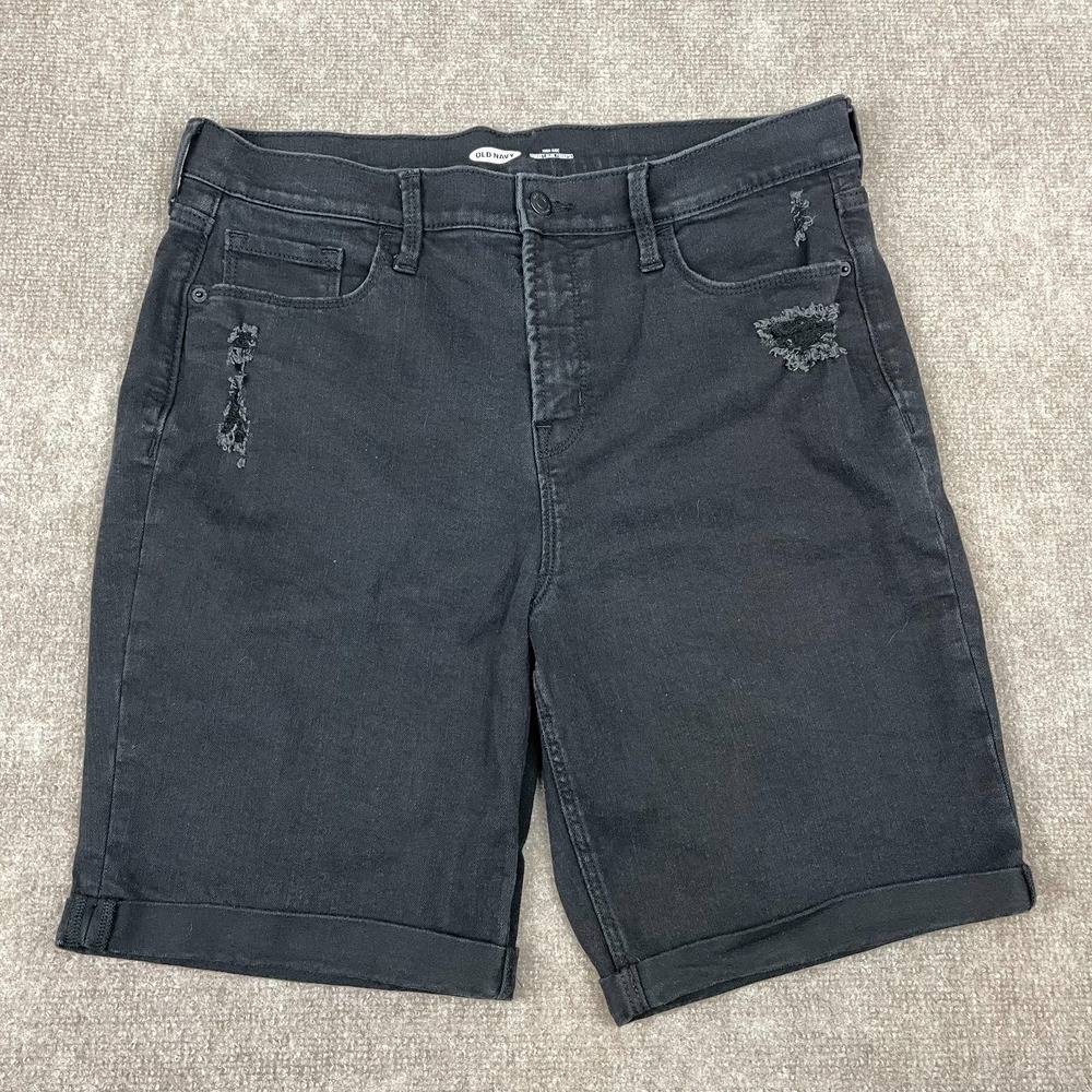 Old Navy Shorts Womens 14 Black Denim High Rise Secret Slim Pockets Distressed